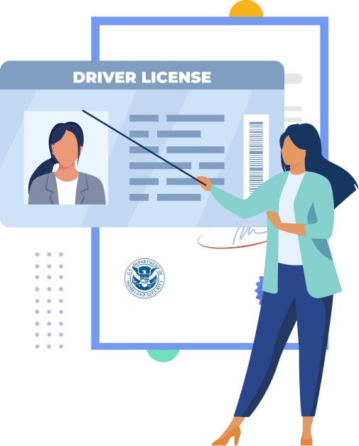 Rapid Translate graphic of a woman with a pointer presenting a translated driver's license in front of an official document.