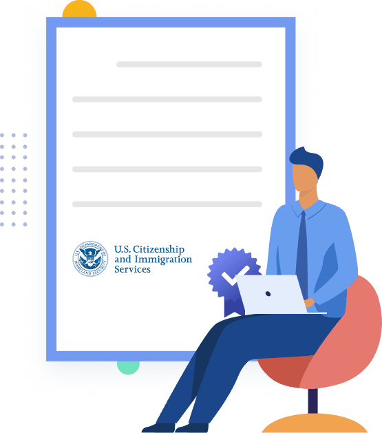 Rapid Translate graphic of a man sitting in front of a USCIS certified Driver's License Translation document.